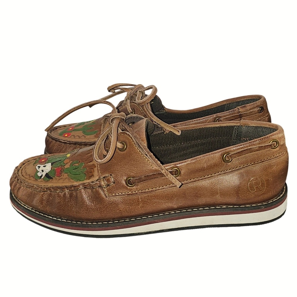 Roper Womens Brown Leather Desert Cactus Skull Boat Shoes Loafers Sz 10 - Picture 9 of 12